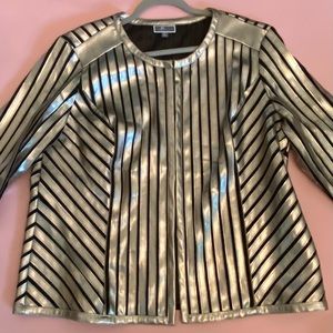 J M Collections black heavy net jacket with gold smooth gold pleather stripes